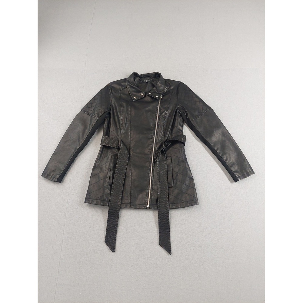 Baccini Women Biker Coat M Black Asymmetric Zip Belted Collared Comfort Outdoorā